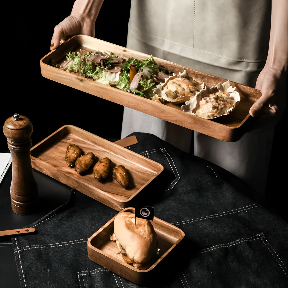 Rectangular wooden breakfast plate with hand-painted Japanese-style plain pattern and deep square shape, 15-15.9cm diameter.