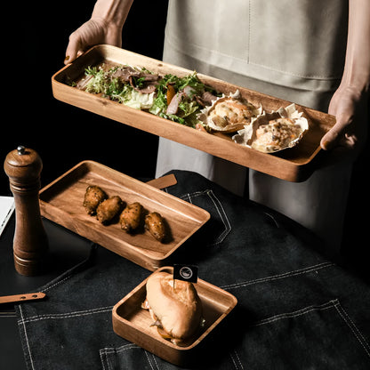 Rectangular wooden breakfast plate with hand-painted Japanese-style plain pattern and deep square shape, 15-15.9cm diameter.