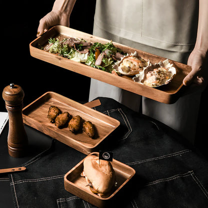 Rectangular wooden breakfast plate with deep sides and hand-painted finish in Japanese style