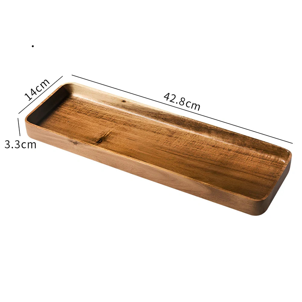 Rectangular wooden breakfast plate with deep sides and hand-painted finish in Japanese style