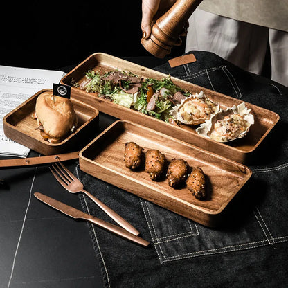Rectangular wooden breakfast plate with hand-painted Japanese-style plain pattern and deep square shape, 15-15.9cm diameter.