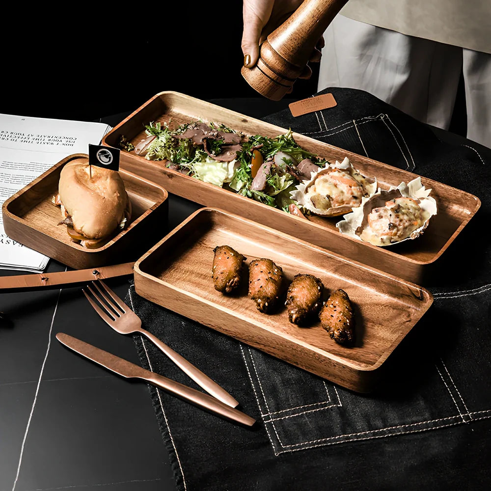 Rectangular wooden breakfast plate with deep sides and hand-painted finish in Japanese style