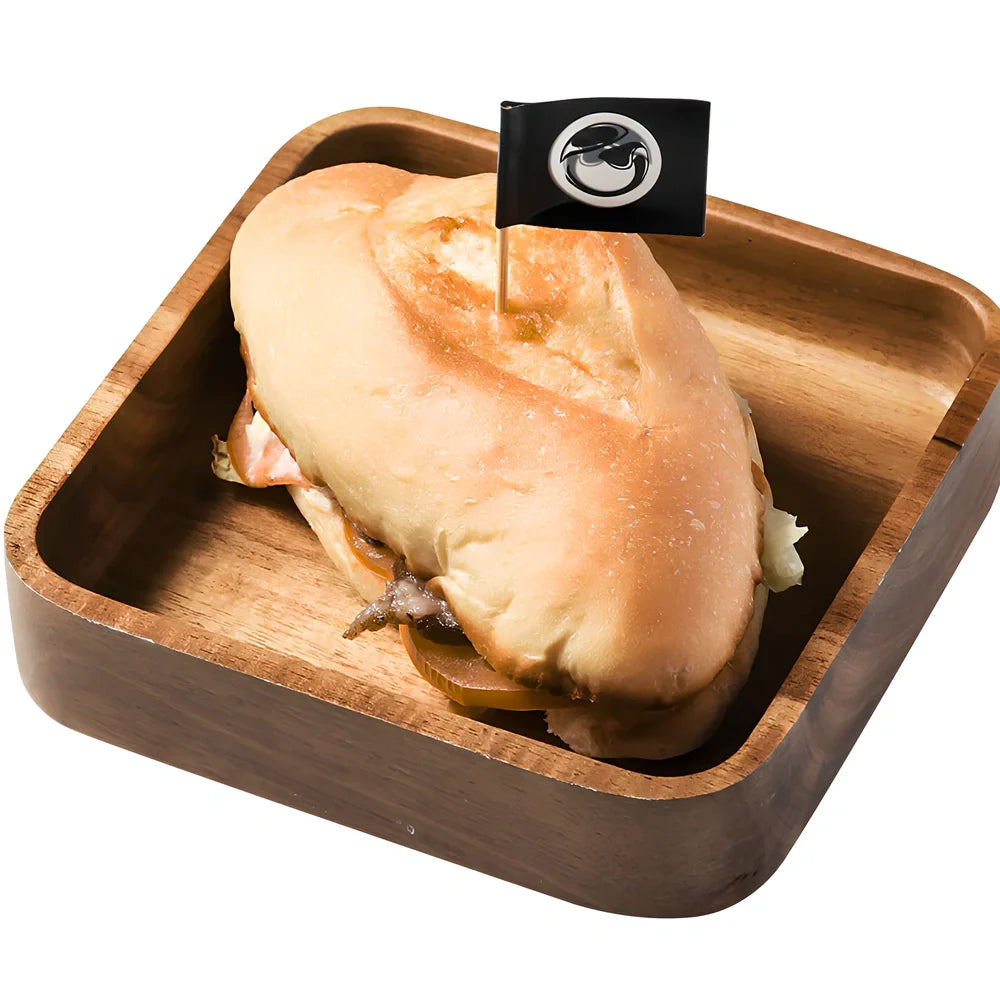Rectangular wooden breakfast plate with deep sides and hand-painted finish in Japanese style