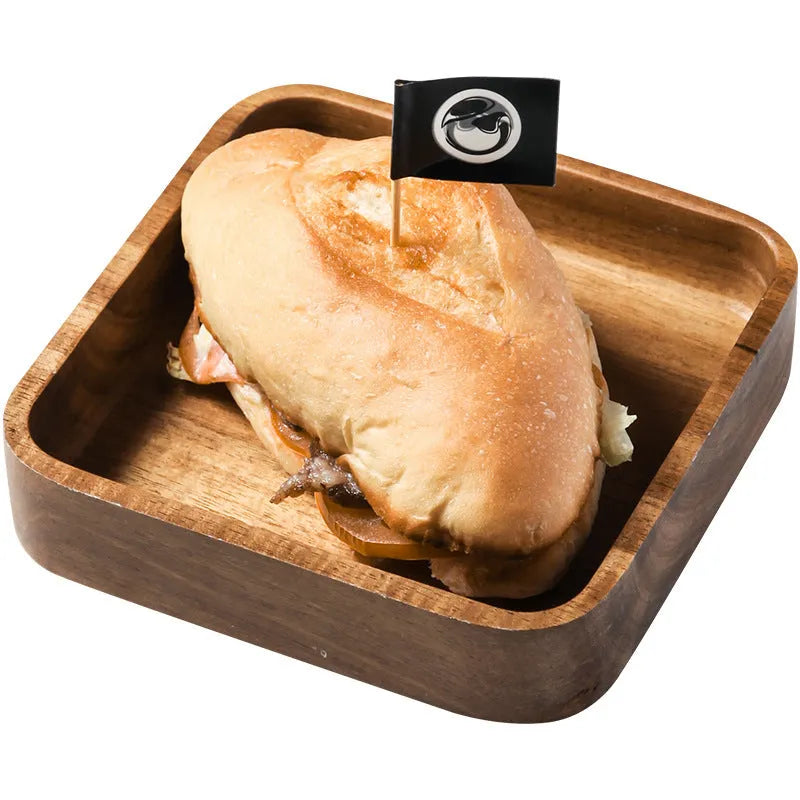 Rectangular wooden breakfast plate with hand-painted Japanese-style plain pattern and deep square shape, 15-15.9cm diameter.