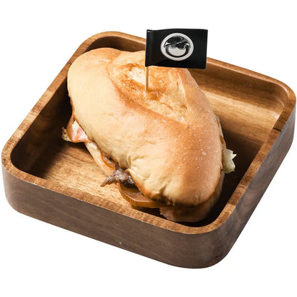 Rectangular wooden breakfast plate with hand-painted Japanese-style plain pattern and deep square shape, 15-15.9cm diameter.