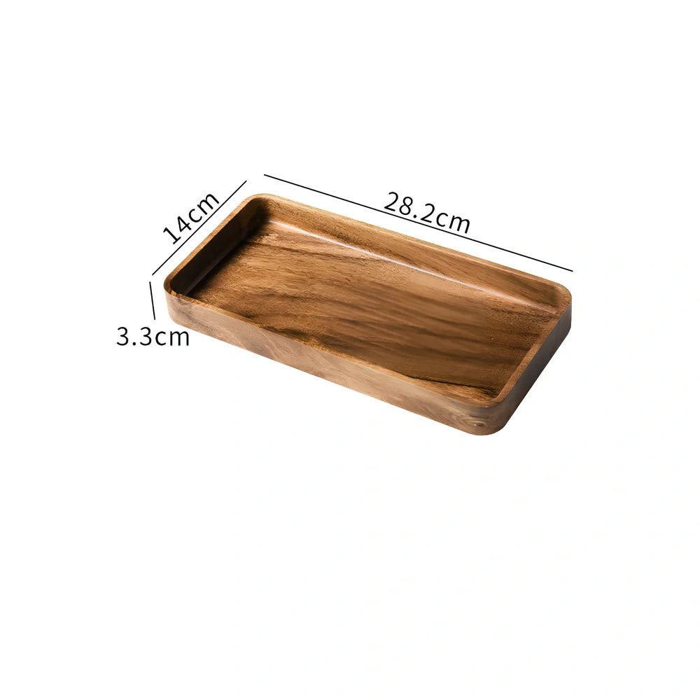 Rectangular wooden breakfast plate with deep sides and hand-painted finish in Japanese style
