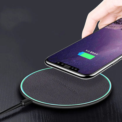 Black aluminium alloy car wireless fast charger showing micro USB port and 100mm x 60mm dimensions