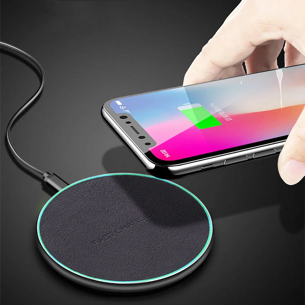 Black aluminium alloy car wireless fast charger showing micro USB port and 100mm x 60mm dimensions