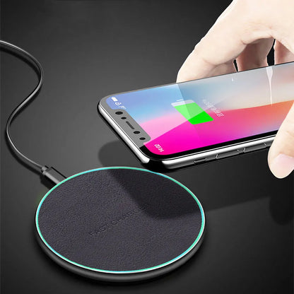 Black aluminium alloy car wireless fast charger showing micro USB port and 100mm x 60mm dimensions