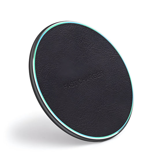 Black aluminium alloy car wireless fast charger showing micro USB port and 100mm x 60mm dimensions
