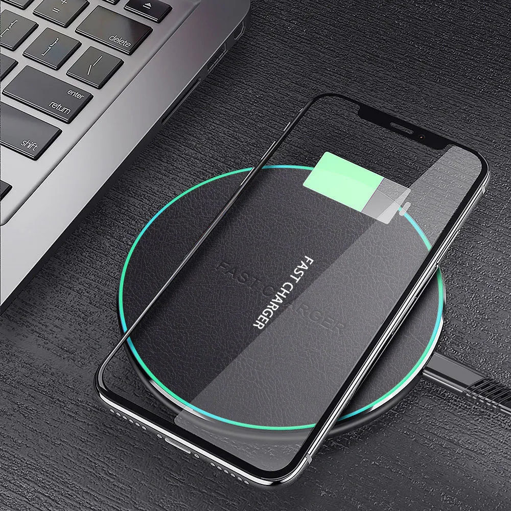 Black aluminium alloy car wireless fast charger showing micro USB port and 100mm x 60mm dimensions