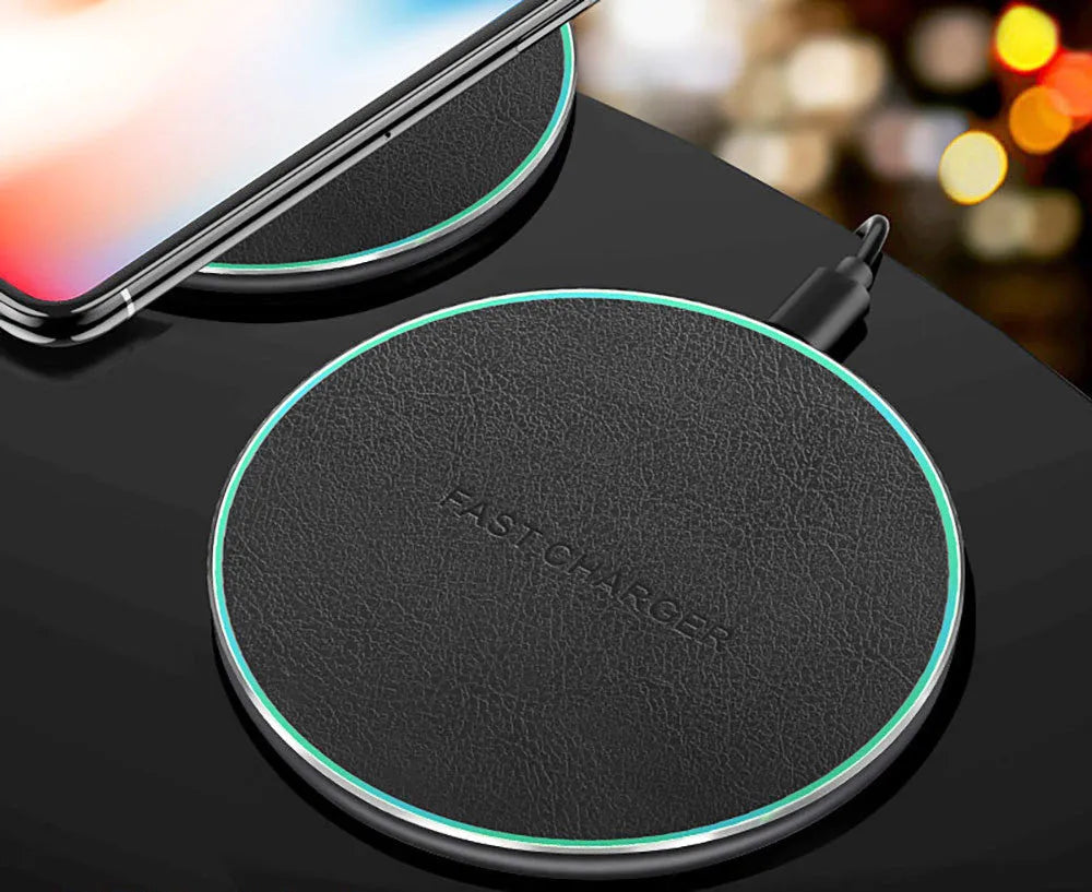 Black aluminium alloy car wireless fast charger showing micro USB port and 100mm x 60mm dimensions