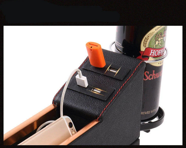 Multifunctional car seat gap organizer made of durable PU leather with multiple compartments and USB charging port