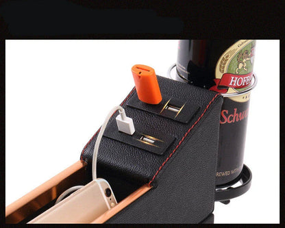 Multifunctional car seat gap organizer made of durable PU leather with multiple compartments and USB charging port