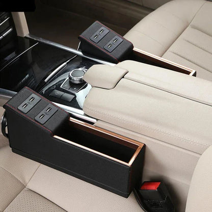 Multifunctional car seat gap organizer made of durable PU leather with multiple compartments and USB charging port