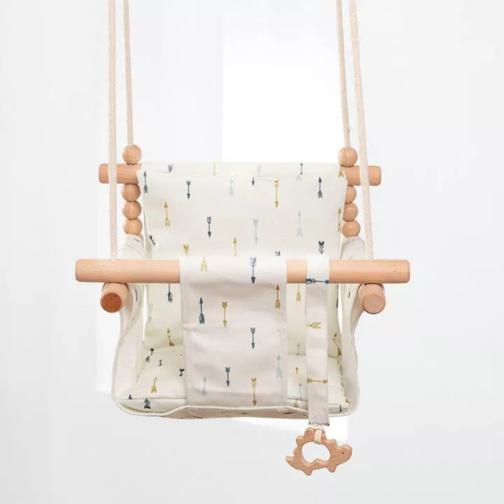 Cotton Canvas Baby Swing Chair with wooden seat and cushion in natural beige
