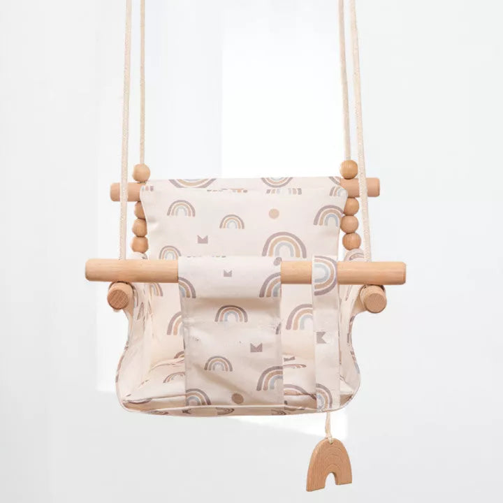 Cotton Canvas Baby Swing Chair with wooden seat and cushion in natural beige