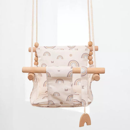 Cotton Canvas Baby Swing Chair with wooden seat and cushion in natural beige