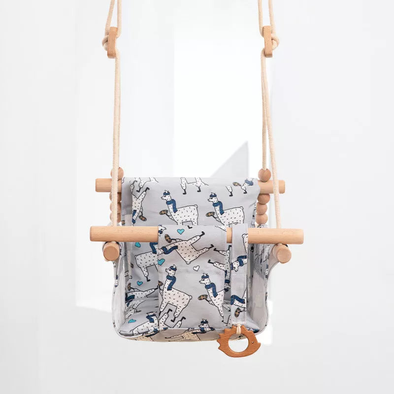 Cotton Canvas Baby Swing Chair with wooden seat and cushion in natural beige