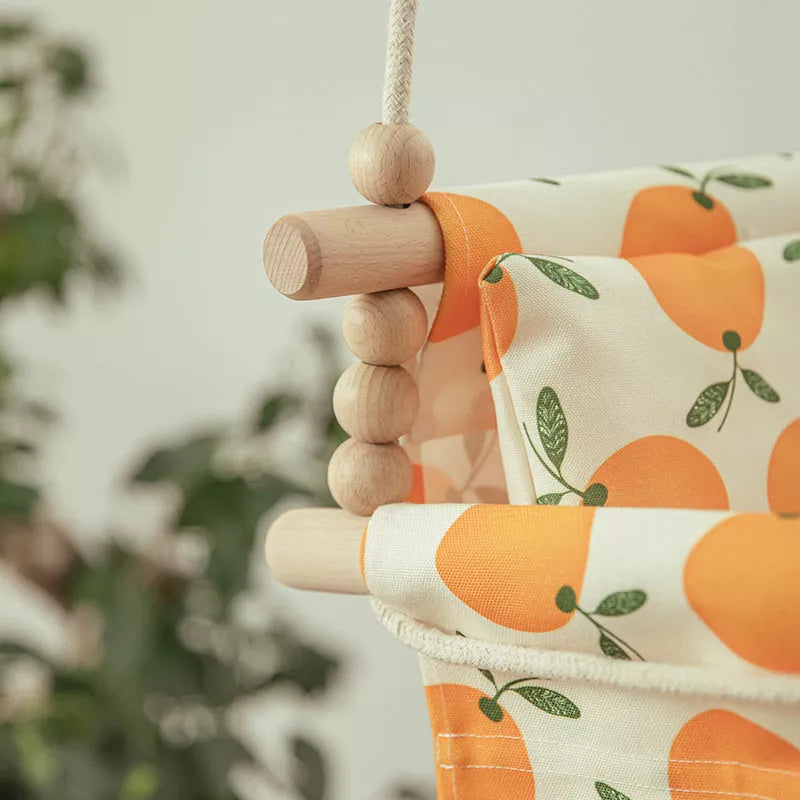 Cotton Canvas Baby Swing Chair with wooden seat and cushion in natural beige