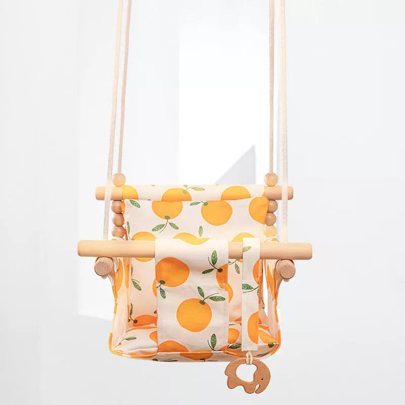 Cotton Canvas Baby Swing Chair with wooden seat and cushion in natural beige