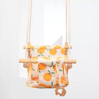 Cotton Canvas Baby Swing Chair with wooden seat and cushion in natural beige