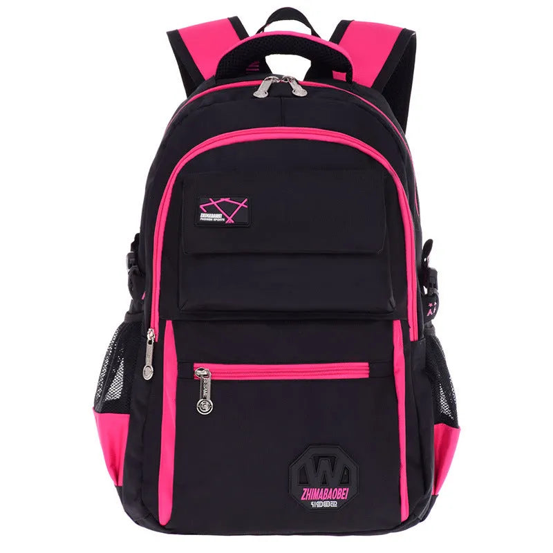 Schoolbag with waterproof nylon fabric in green, rose red, sky blue, or yellow, showing multiple compartments and 4 6X30X18 cm size