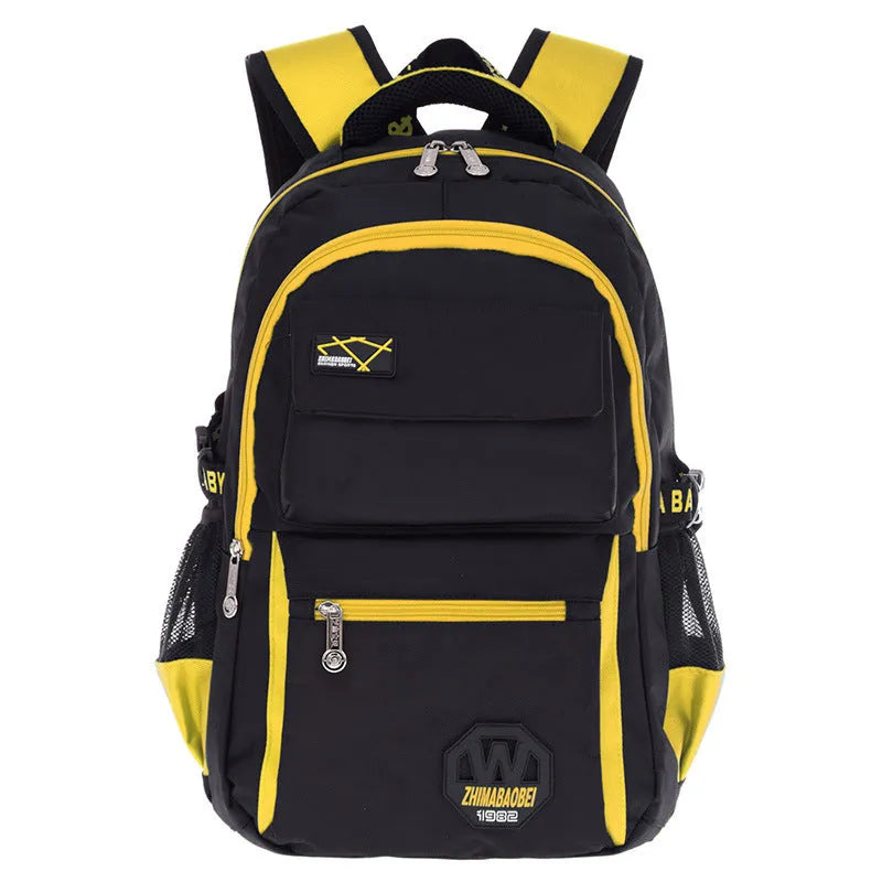 Schoolbag with waterproof nylon fabric in green, rose red, sky blue, or yellow, showing multiple compartments and 4 6X30X18 cm size