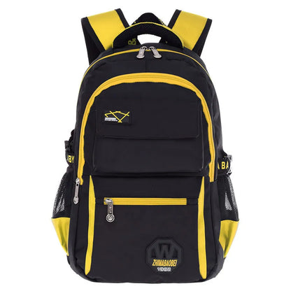 Schoolbag with waterproof nylon fabric in green, rose red, sky blue, or yellow, showing multiple compartments and 4 6X30X18 cm size