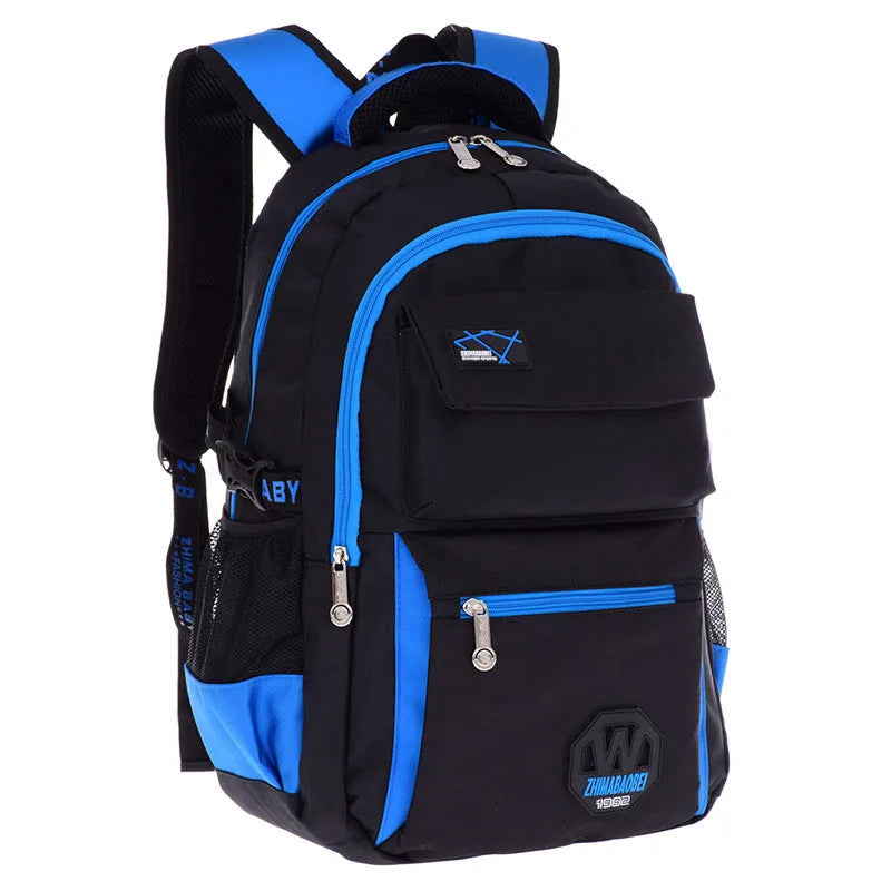 Schoolbag with waterproof nylon fabric in green, rose red, sky blue, or yellow, showing multiple compartments and 4 6X30X18 cm size