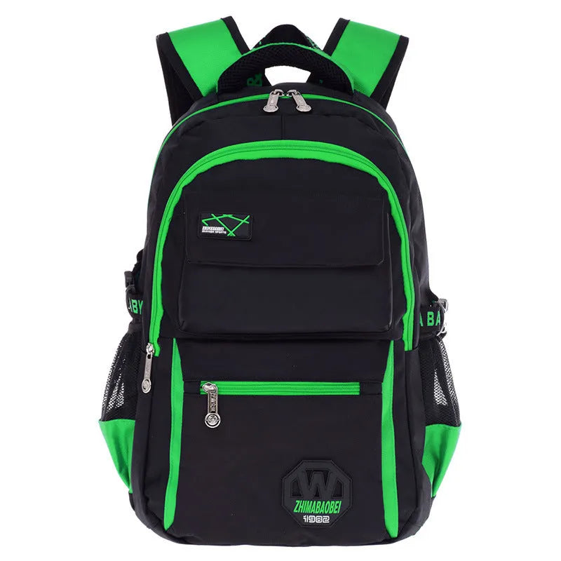 Schoolbag with waterproof nylon fabric in green, rose red, sky blue, or yellow, showing multiple compartments and 4 6X30X18 cm size