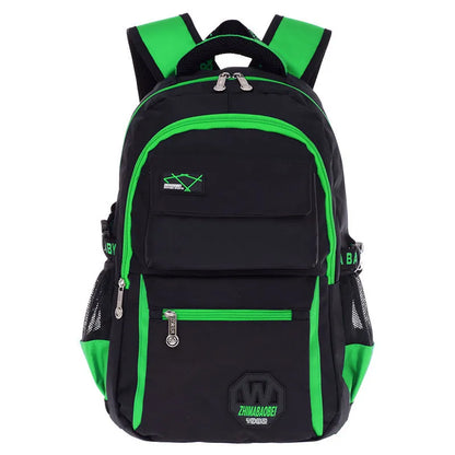 Schoolbag with waterproof nylon fabric in green, rose red, sky blue, or yellow, showing multiple compartments and 4 6X30X18 cm size