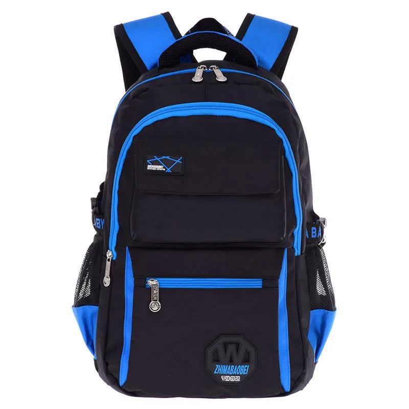 Schoolbag with waterproof nylon fabric in green, rose red, sky blue, or yellow, showing multiple compartments and 4 6X30X18 cm size