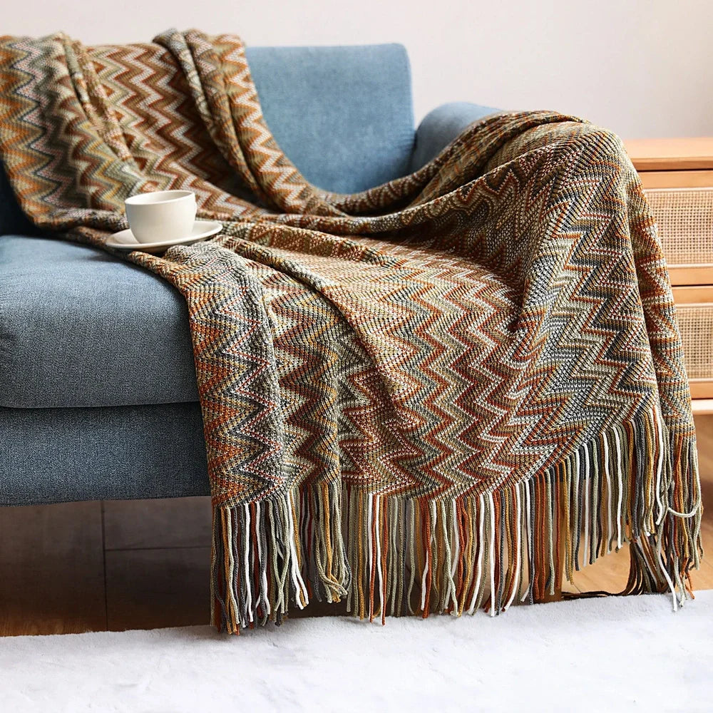 Bohemian striped knitted blanket with fringe detailing in blue, red, yellow or coffee colours