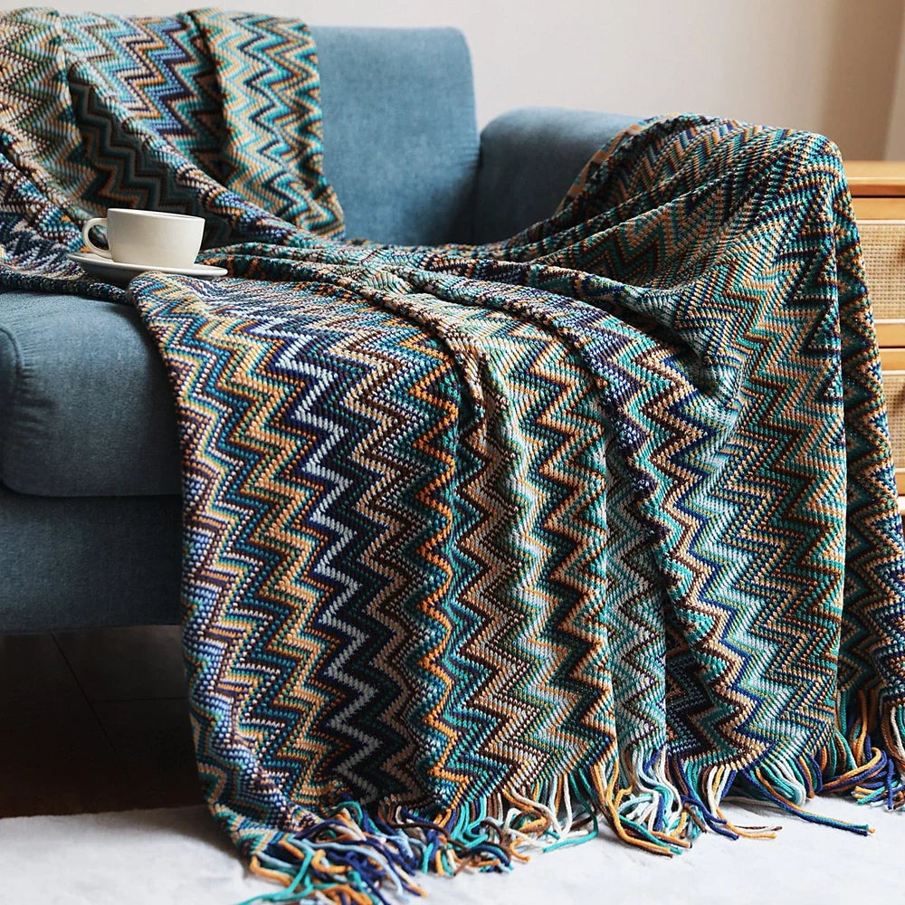 Bohemian striped knitted blanket with fringe detailing in blue, red, yellow or coffee colours