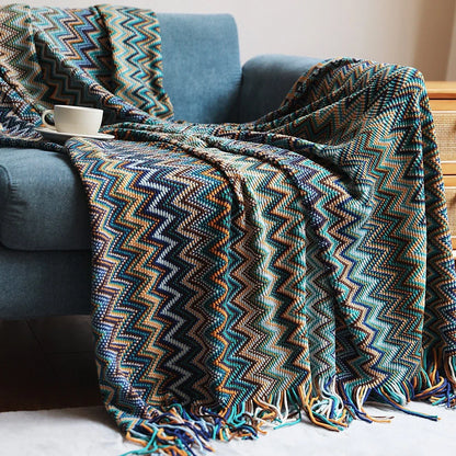 Bohemian striped knitted blanket with fringe detailing in blue, red, yellow or coffee colours