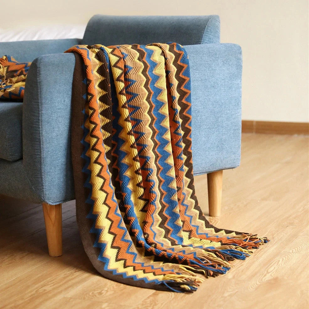 Bohemian striped knitted blanket with fringe detailing in blue, red, yellow or coffee colours