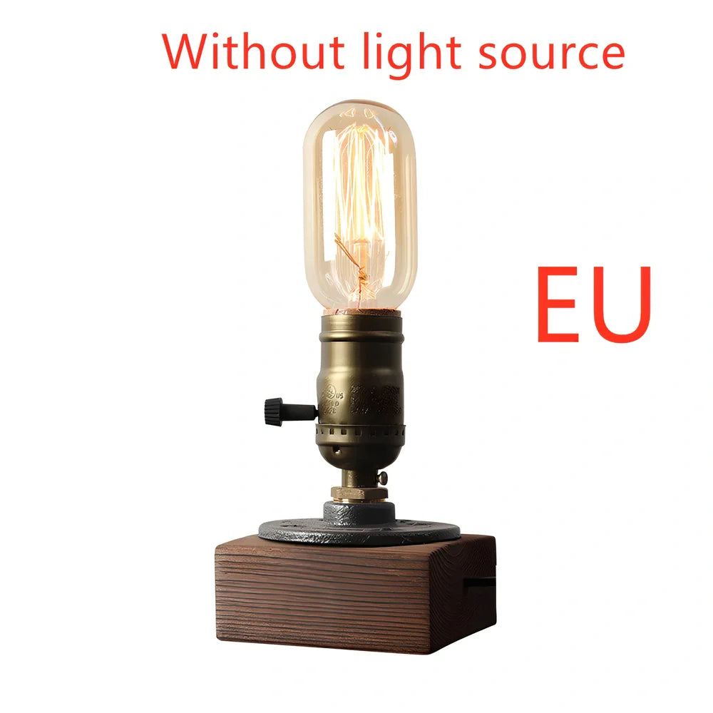 Water pipe table lamp with wood and iron construction measuring 9cm wide by 13cm tall