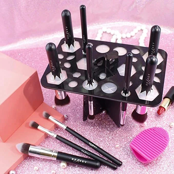 14-hole makeup brush holder in various colors for organized brush storage and drying