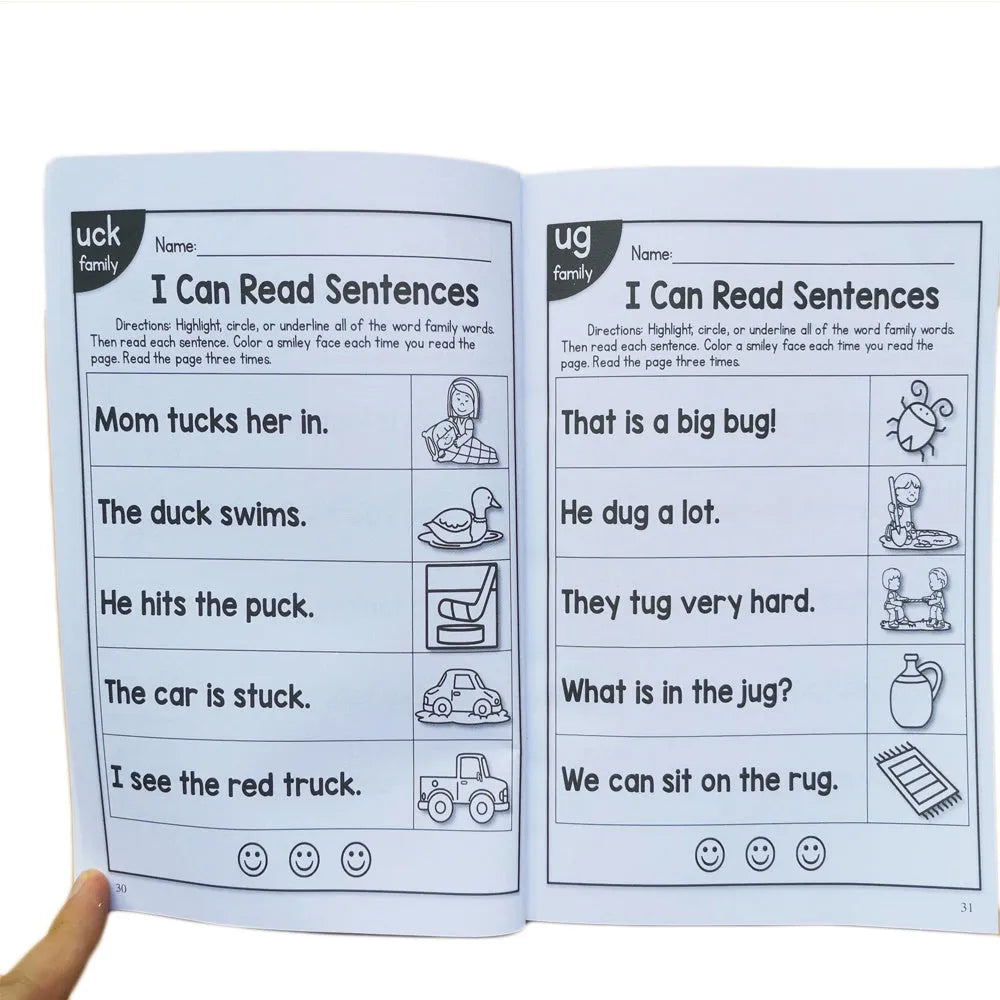 Children's English phonics reading worksheet showing educational activities on 21cm by 14cm sheet