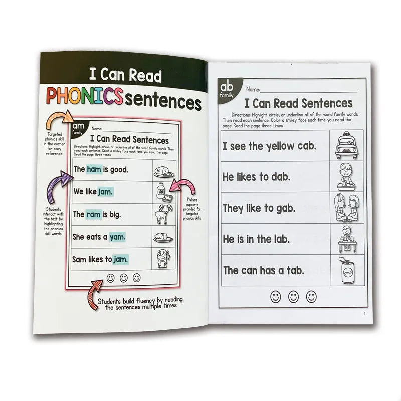 Children's English phonics reading worksheet showing educational activities on 21cm by 14cm sheet