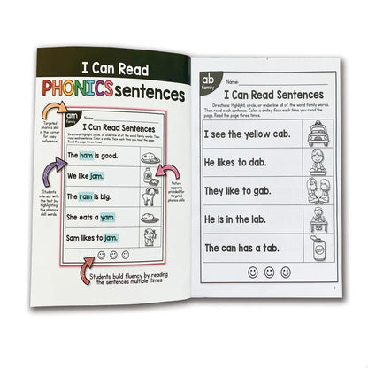 Children's English phonics reading worksheet showing educational activities on 21cm by 14cm sheet