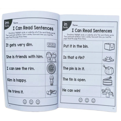 Children's English phonics reading worksheet showing educational activities on 21cm by 14cm sheet