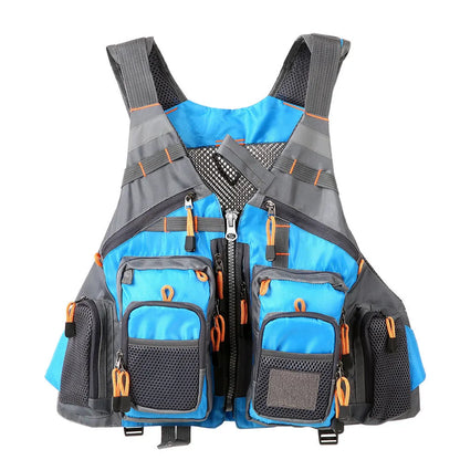 Fishing life jacket with removable EPE foam inserts, 10 pockets, adjustable straps, and reflective panels for water safety