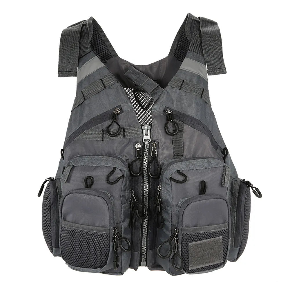 Grey fishing life jacket with reflective strips, multiple pockets, and adjustable buckle straps for water safety.