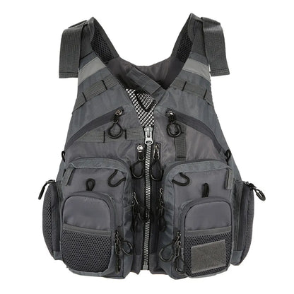 Grey fishing life jacket with reflective strips, multiple pockets, and adjustable buckle straps for water safety.