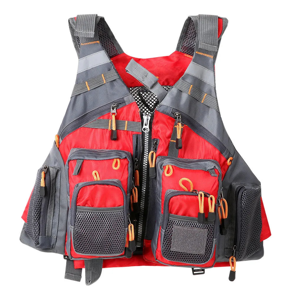 Grey fishing life jacket with reflective strips, multiple pockets, and adjustable buckle straps for water safety.