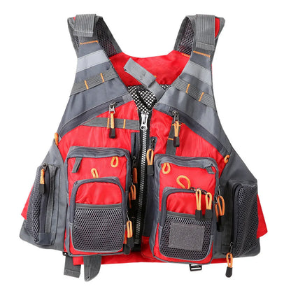 Grey fishing life jacket with reflective strips, multiple pockets, and adjustable buckle straps for water safety.