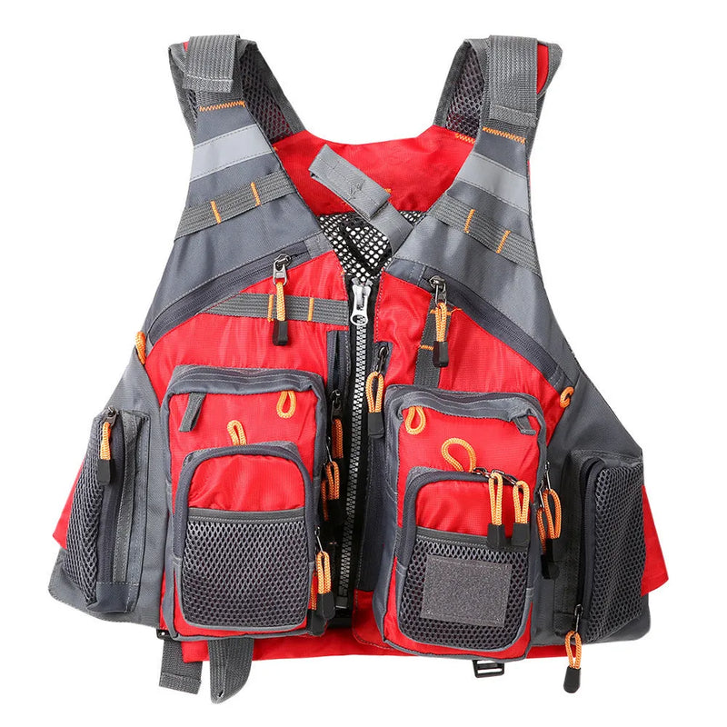 Fishing life jacket with removable EPE foam buoyancy inserts and 10-pocket utility design, offering 0.58kg lightweight construction and adjustable webbed straps for custom fit from 160-190cm height and 50-100kg weight range