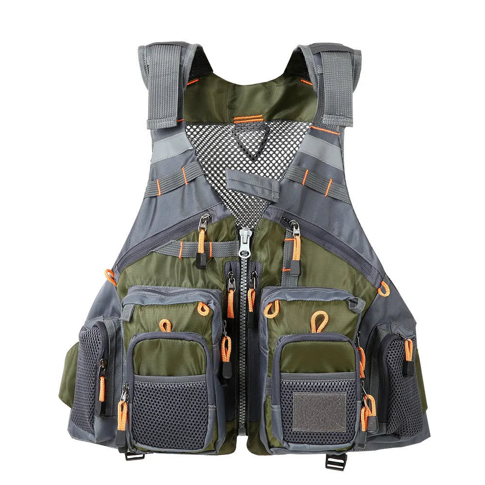 Grey fishing life jacket with reflective strips, multiple pockets, and adjustable buckle straps for water safety.